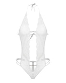 White lace deep V teddy bodysuit with halter tie straps and open back
