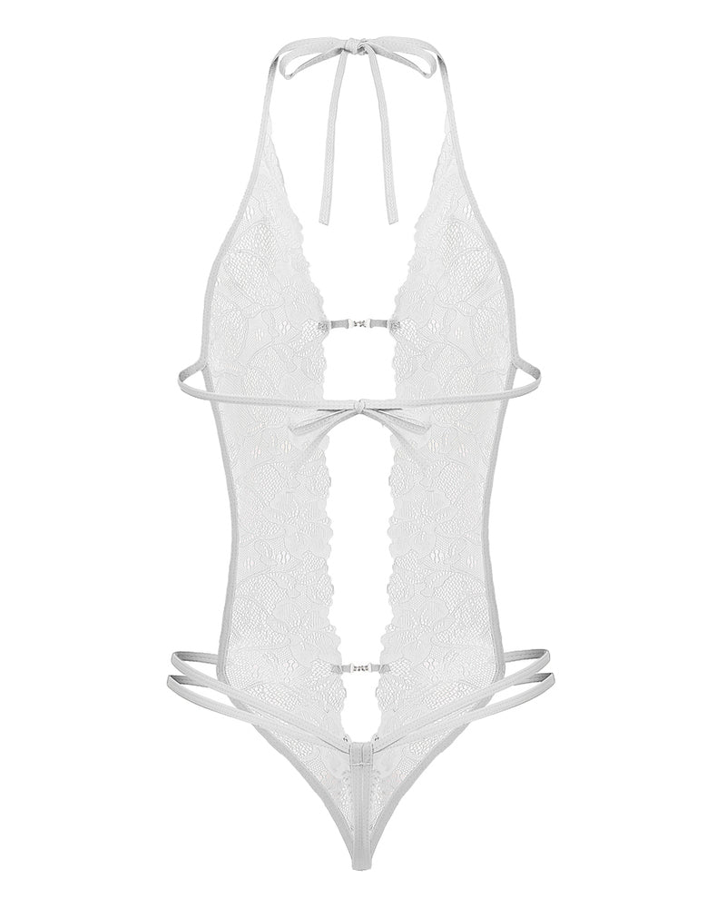 White lace deep V bodysuit teddy with halter ties, bow accents, and cutout sides