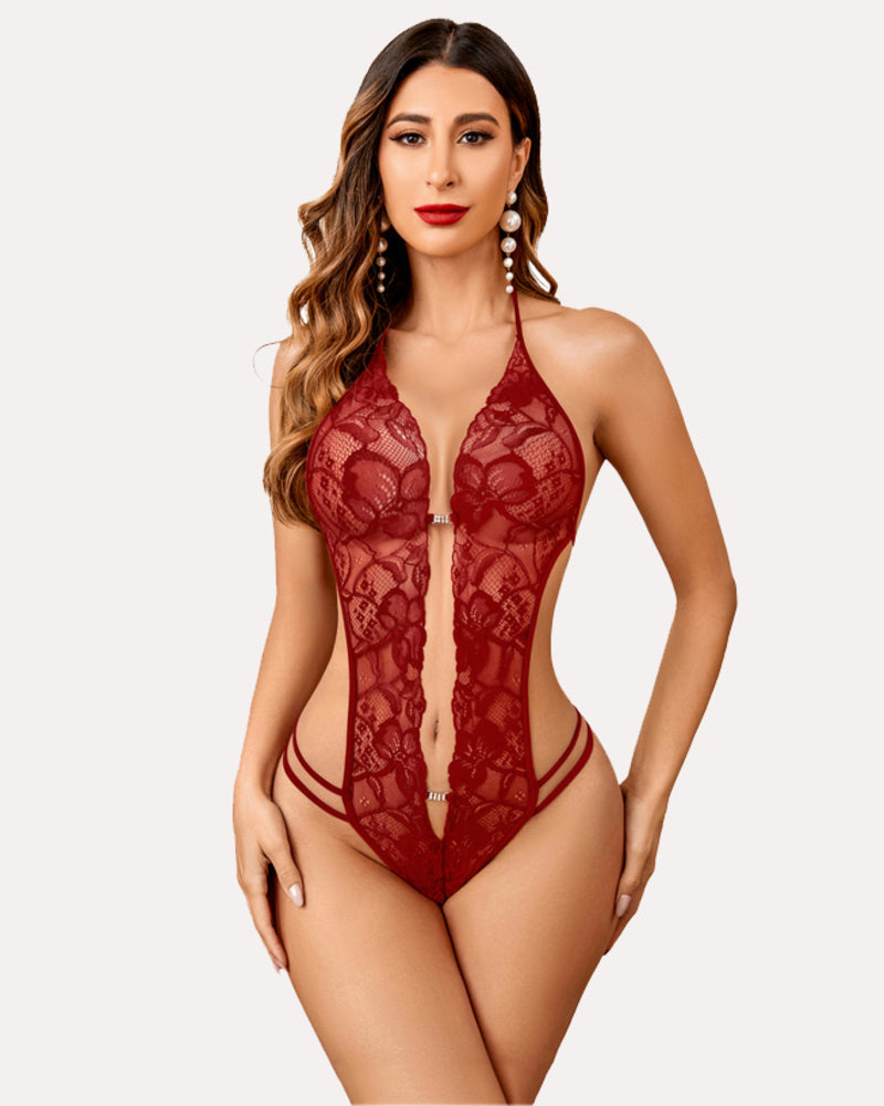 Red lace deep-V teddy bodysuit with scalloped cups and thigh ties