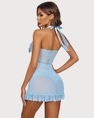 Light blue halter babydoll back with bow tie and lace hem, sheer ruffle skirt.