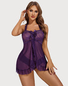Floral black lace babydoll nightgown with bow halter, sheer ruffles, open front