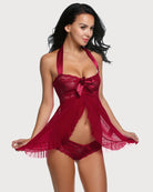 Burgundy lace babydoll nighty with bow halter ties and open front, layered ruffle skirt