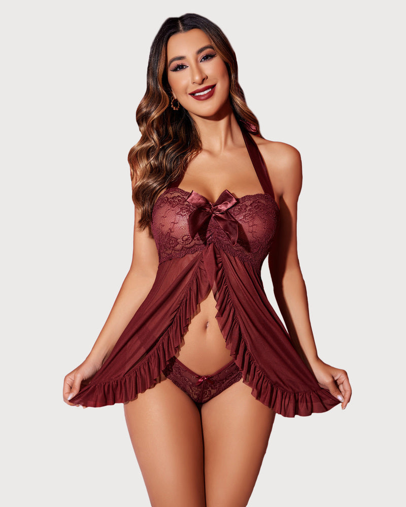 Burgundy lace babydoll nightgown with bow bust, open front, ruffled sheer skirt