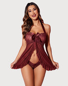 Burgundy lace halter nighty with bow at bust and sheer ruffled skirt