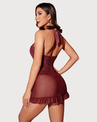 Burgundy lace halter nighty with open back and sheer ruffle hem