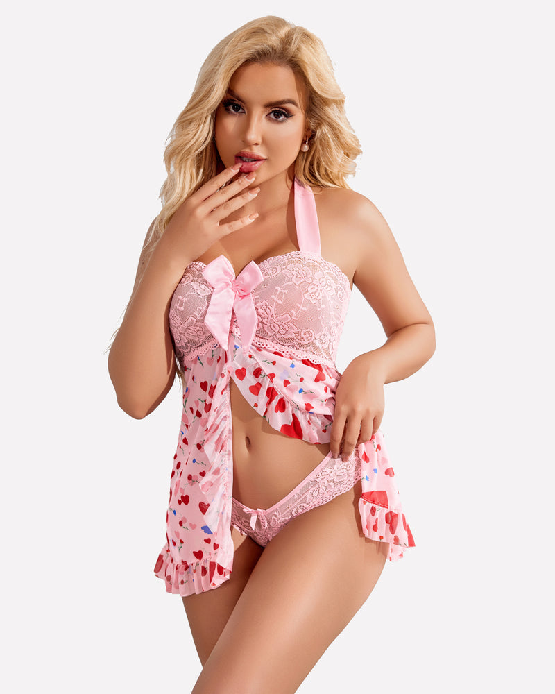 Open-front halter nighty in pink floral lace with bow, ruffled hem, and open back