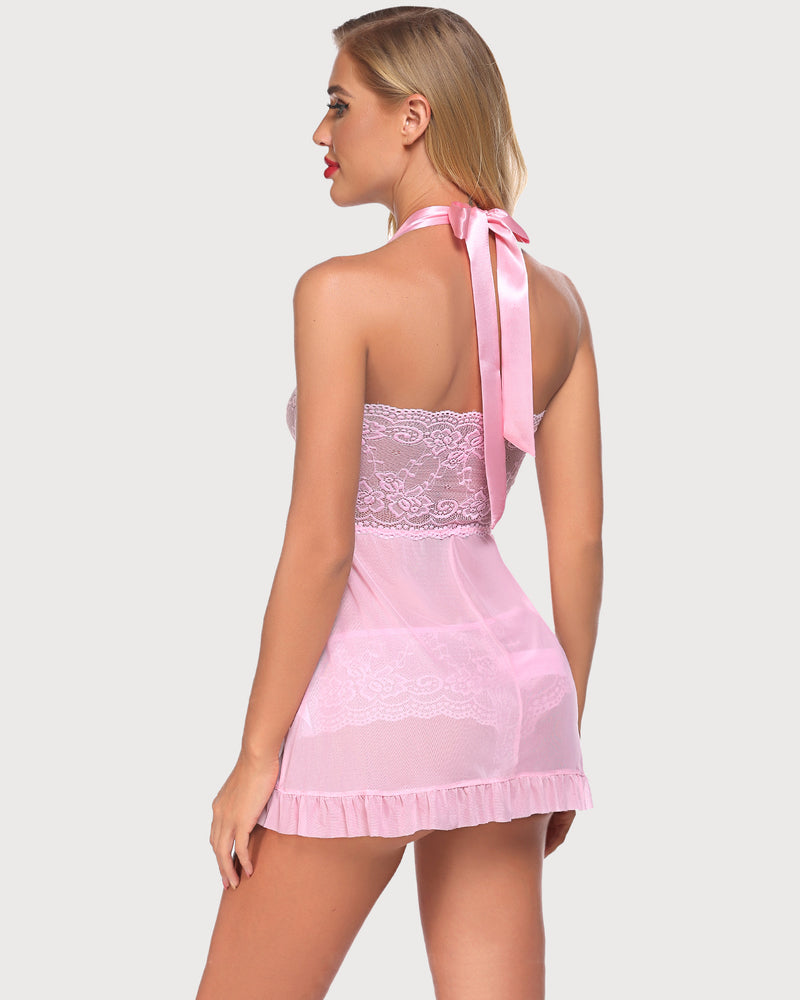 Light pink lace halter babydoll with open back tie ribbon and ruffled mini skirt