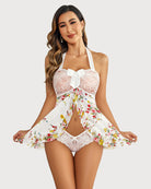 Floral lace babydoll nighty with halter bow and ruffled open-front skirt