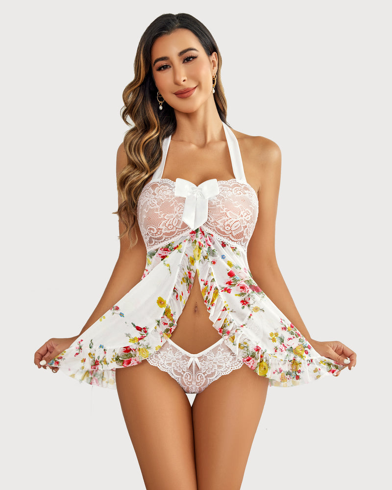 Floral lace babydoll nighty with halter bow and ruffled open-front skirt