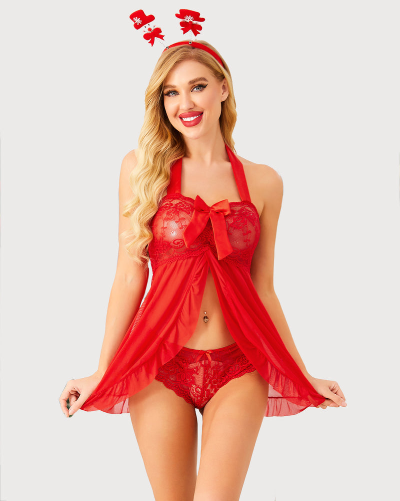Red lace babydoll nighty with halter bow, sheer mesh, and ruffled hem