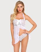 White halter lace babydoll with bow front and lace-trimmed ruffle hem