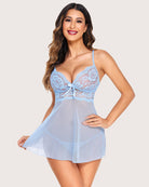 Light blue lace halter V-neck babydoll with tied bust bow and short flared hem