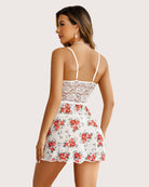 White lace halter babydoll with open-back straps and red rose floral print skirt