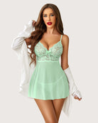 Mint green lace halter V-neck babydoll with tied bust bow and short flared hem
