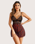 Black lace halter babydoll with red heart print, V-neck, sheer cups and tie detail