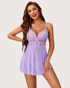 Lilac lace strap halter V-neck babydoll with bow front and tiered mesh skirt