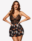 Black lace babydoll, halter V-neck, lace cups and heart-print skirt with pumpkins