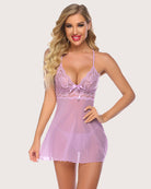 Lilac lace halter V-neck babydoll with tied bust bow and short flared skirt