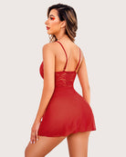 Red lace babydoll with halter V-neck, lace bodice, tie detail, and short flared skirt