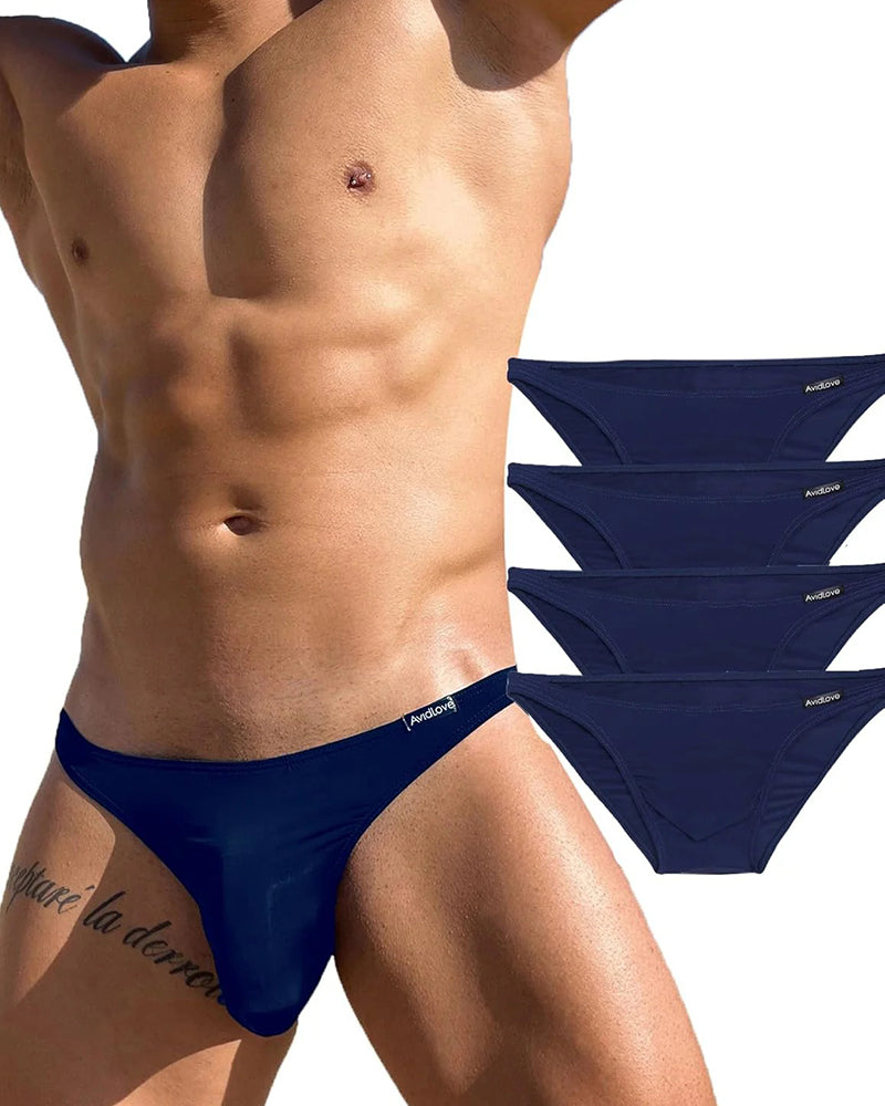 Men's low-rise briefs in dark blue on model, with 3 matching pairs shown