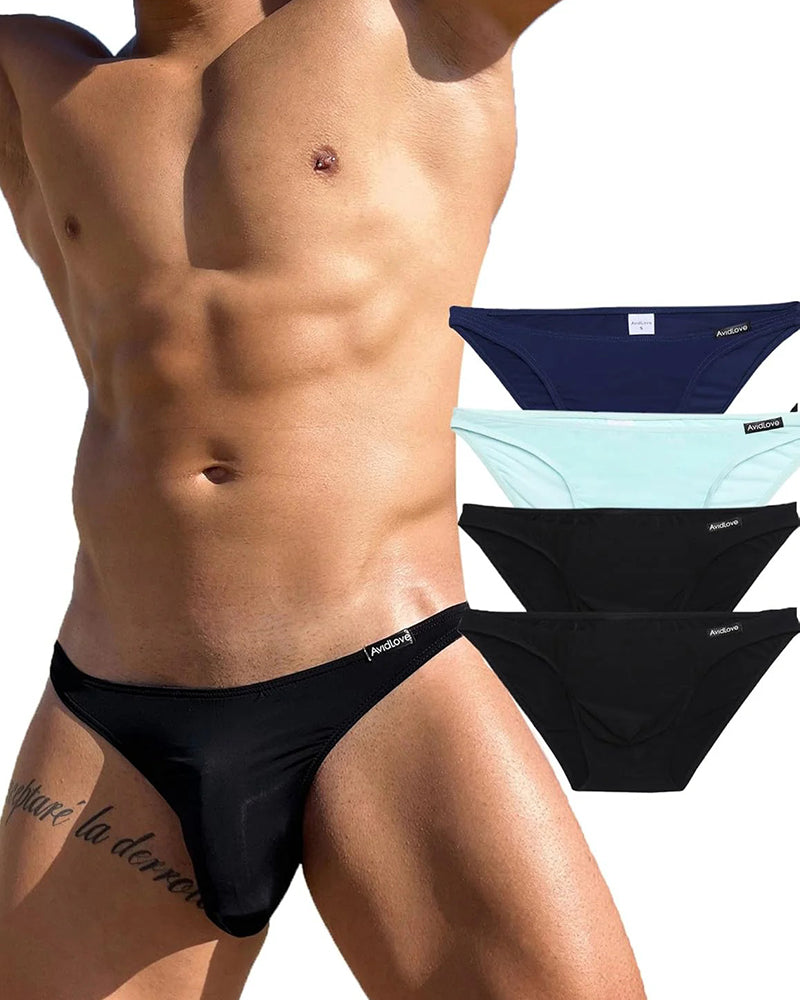 Men's low-rise briefs on model in black and light blue, with 2 pairs shown