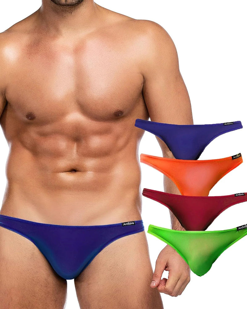 Men's low-rise briefs on model with blue and purple; orange pair shown