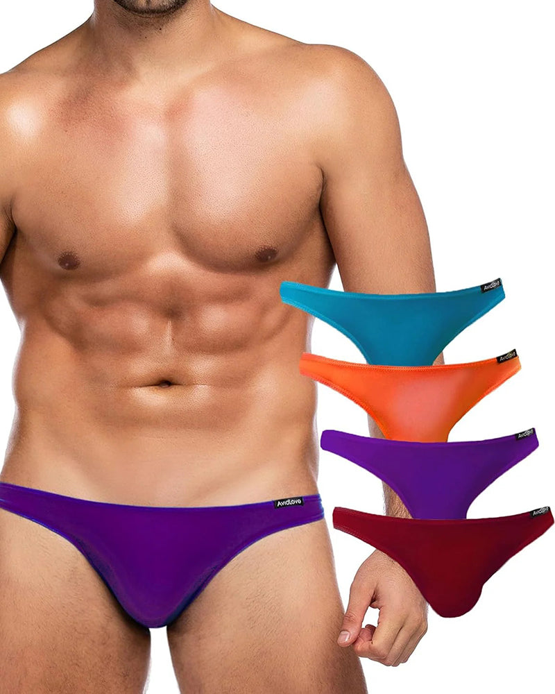 Men's low-rise briefs on model in purple and blue; green, orange pairs shown