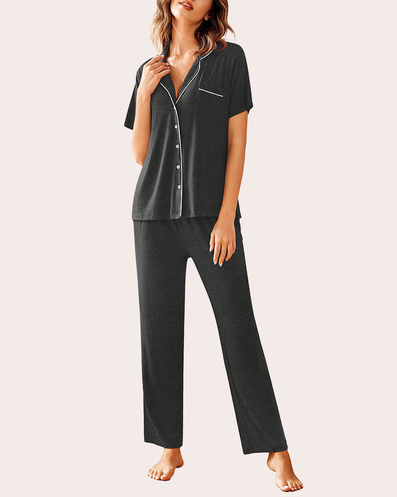 Dark gray pajama set with short-sleeve button shirt and long pants, contrast piping