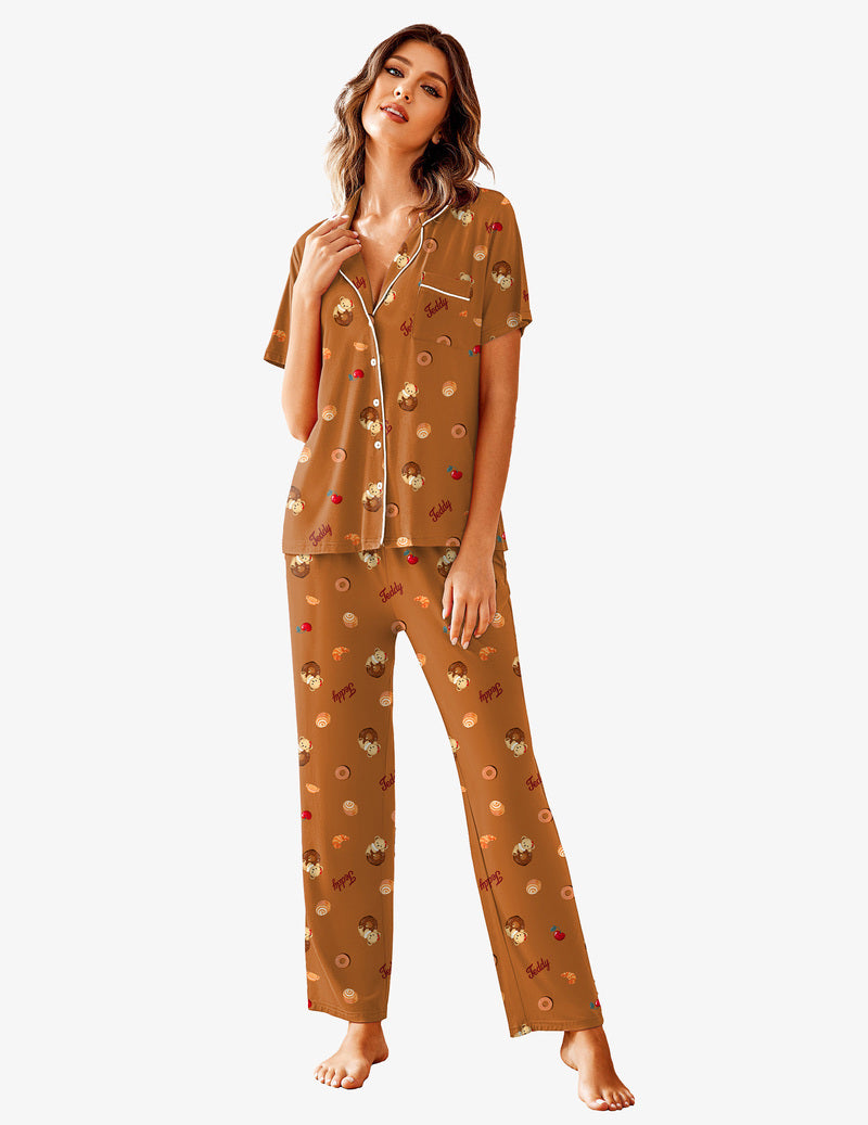Brown patterned pajama set with short-sleeve button shirt and long pants