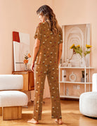 Brown patterned pajama set with short-sleeve button shirt and long pants, back view