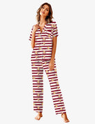 Women’s pajama set with short-sleeve shirt and long pants, maroon striped cartoon print