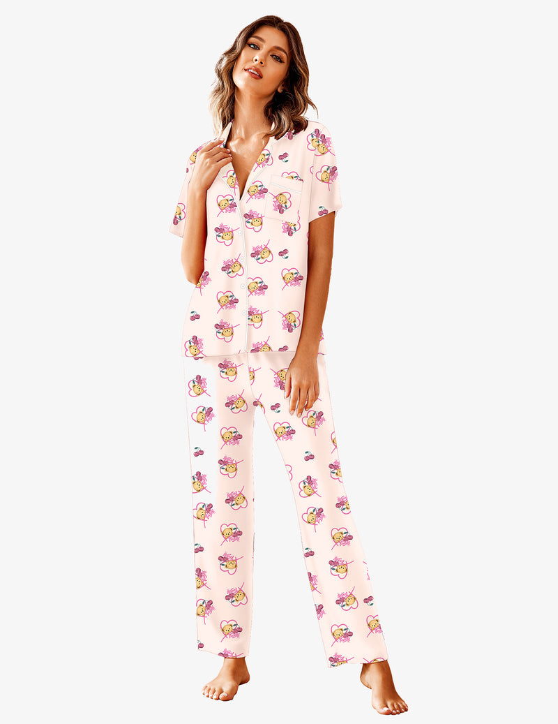 Light pink patterned pajama set with short-sleeve button shirt and long pants