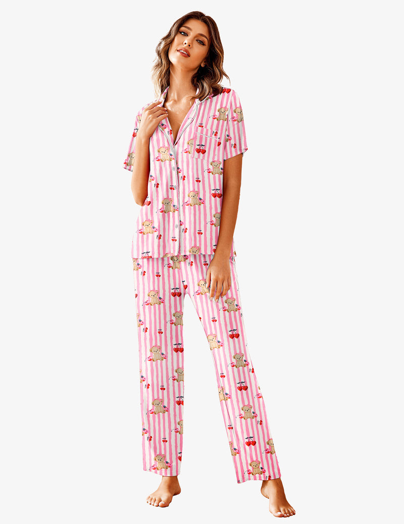 Women’s pajama set with short-sleeve shirt and long pants, pink striped printed fabric