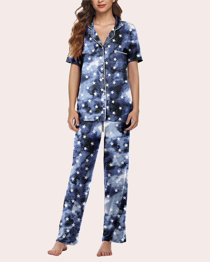Notch collar soft pajama set in dark star print with button-front top and long pants
