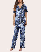 Notch collar soft pajama set in dark star print with button-front top and long pants