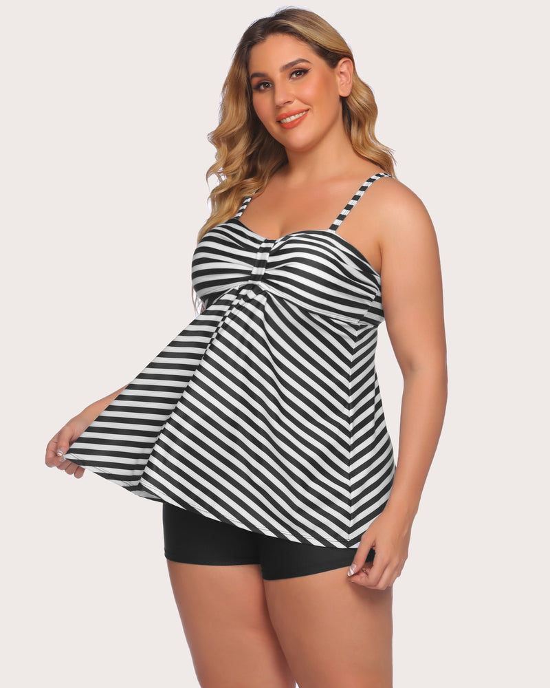 Striped tankini top with gathered ring-front and matching black swim shorts.