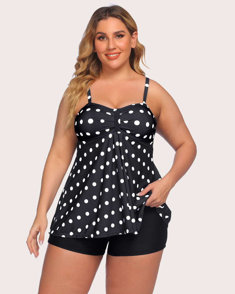 Black polka-dot tankini top with ruched bust and matching swim shorts