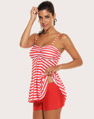 Red-and-white striped tankini top with matching red swim shorts