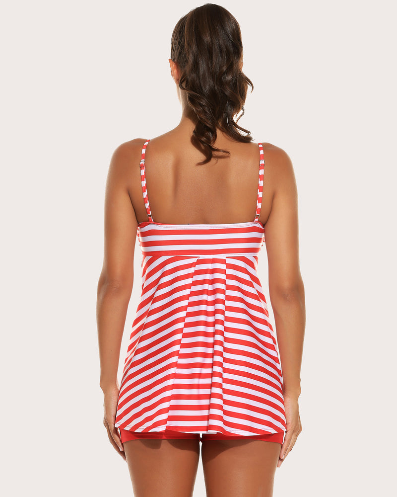Red-and-white striped tankini top with strappy back and matching red swim shorts