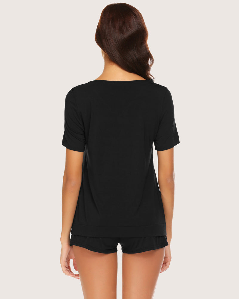 Back view black short-sleeve pajama set with V-neck top and drawstring shorts