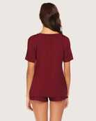 Back view dark red short-sleeve pajama set with V-neck top and drawstring shorts