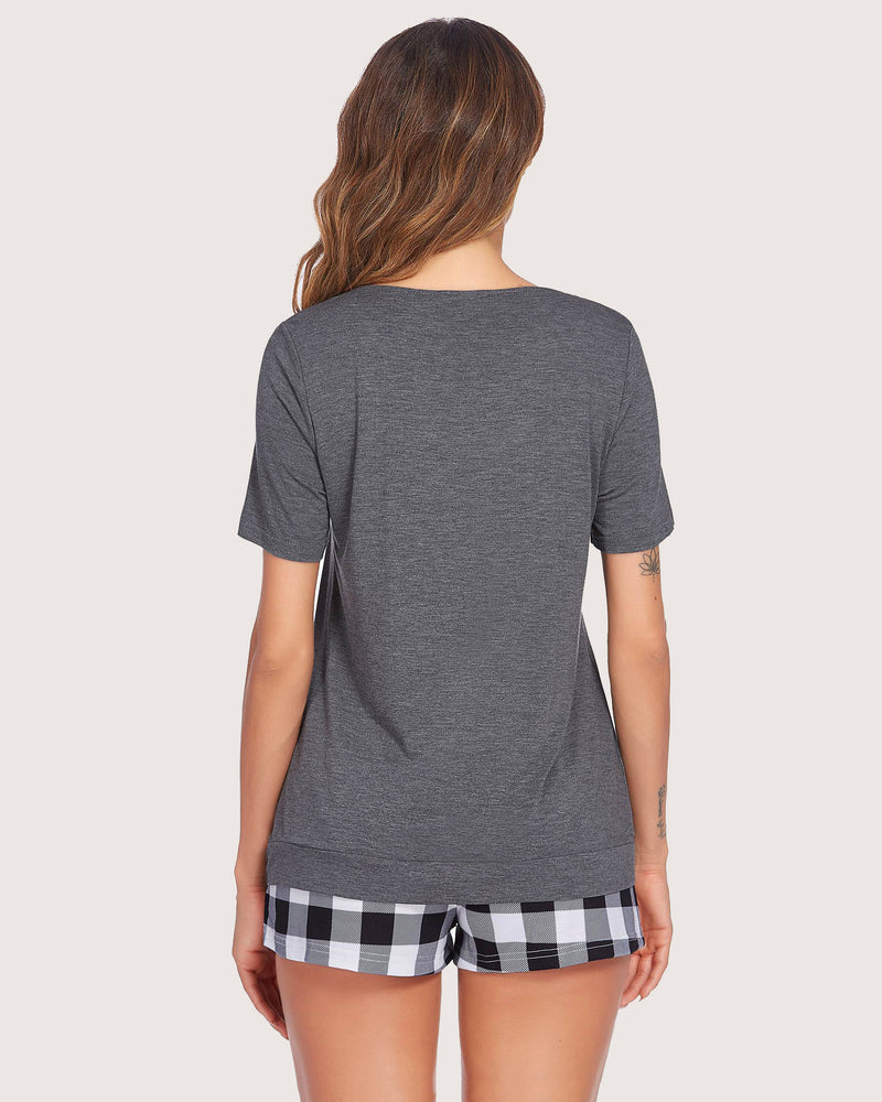 Grey short-sleeve V-neck pajama top and black-and-white check shorts, back view