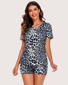 Leopard print short-sleeve pajama set with V-neck top and matching drawstring shorts