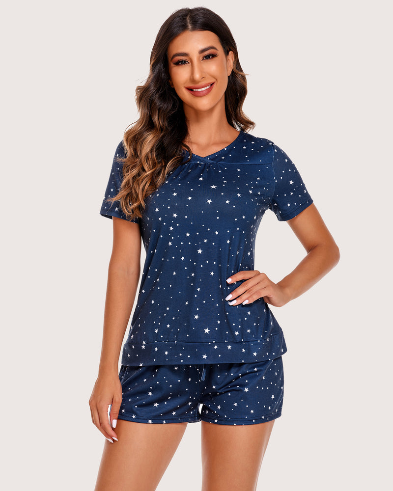 Navy star short-sleeve pajama set with V-neck top and matching drawstring shorts