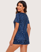 Navy star short-sleeve pajama top with V-neck and matching shorts, full front view