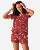 Maroon Christmas pajama set: short-sleeve top and drawstring shorts