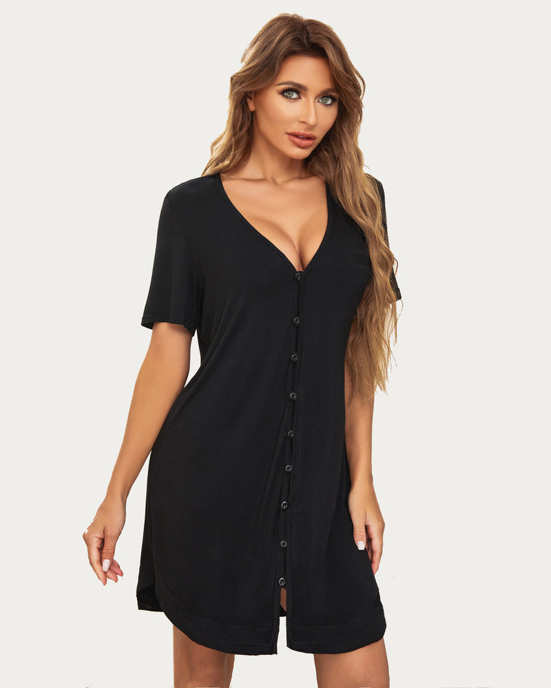 Black V-neck button-down night shirt with short sleeves and front button placket