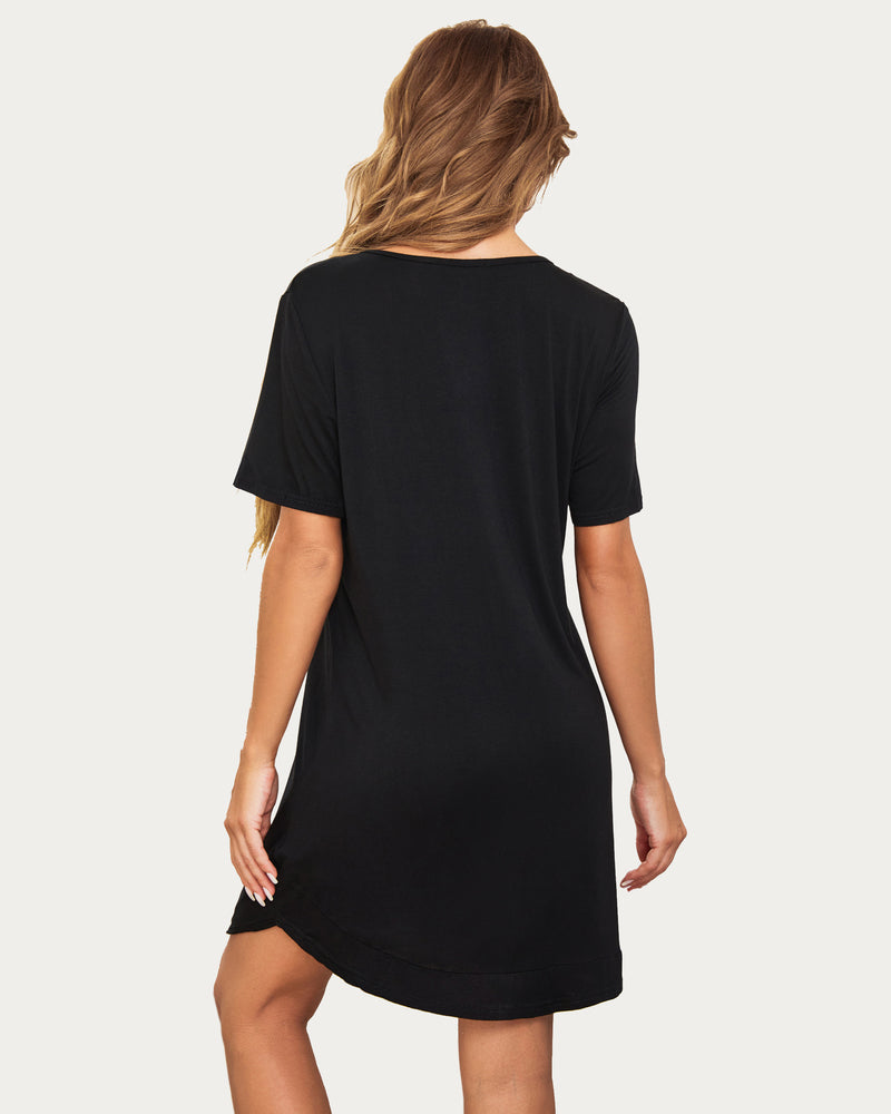 Black V-neck night shirt with short sleeves, back view and curved hem