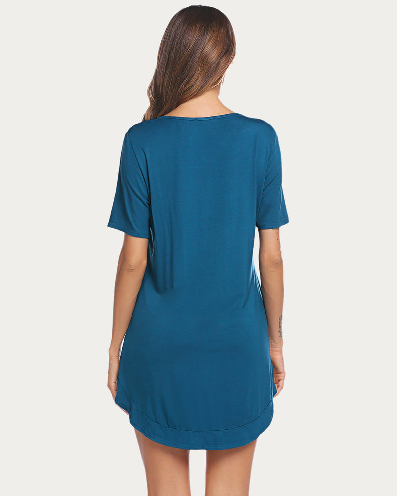 Blue-green short-sleeve V-neck nightshirt, back view, button front and curved hem