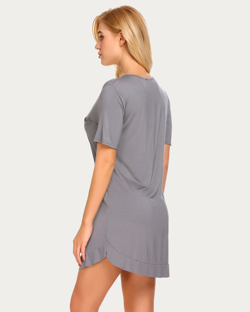 Grey V-neck night shirt with short sleeves, back view and curved hem